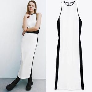 Zara DRESS W/ SIDE STRIPE Round Neck Sleeveless White/Black Size S NEW